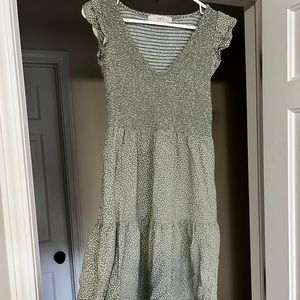 LOFT XST Smocked Midi Dress. Light Green w/White Polka Dots.